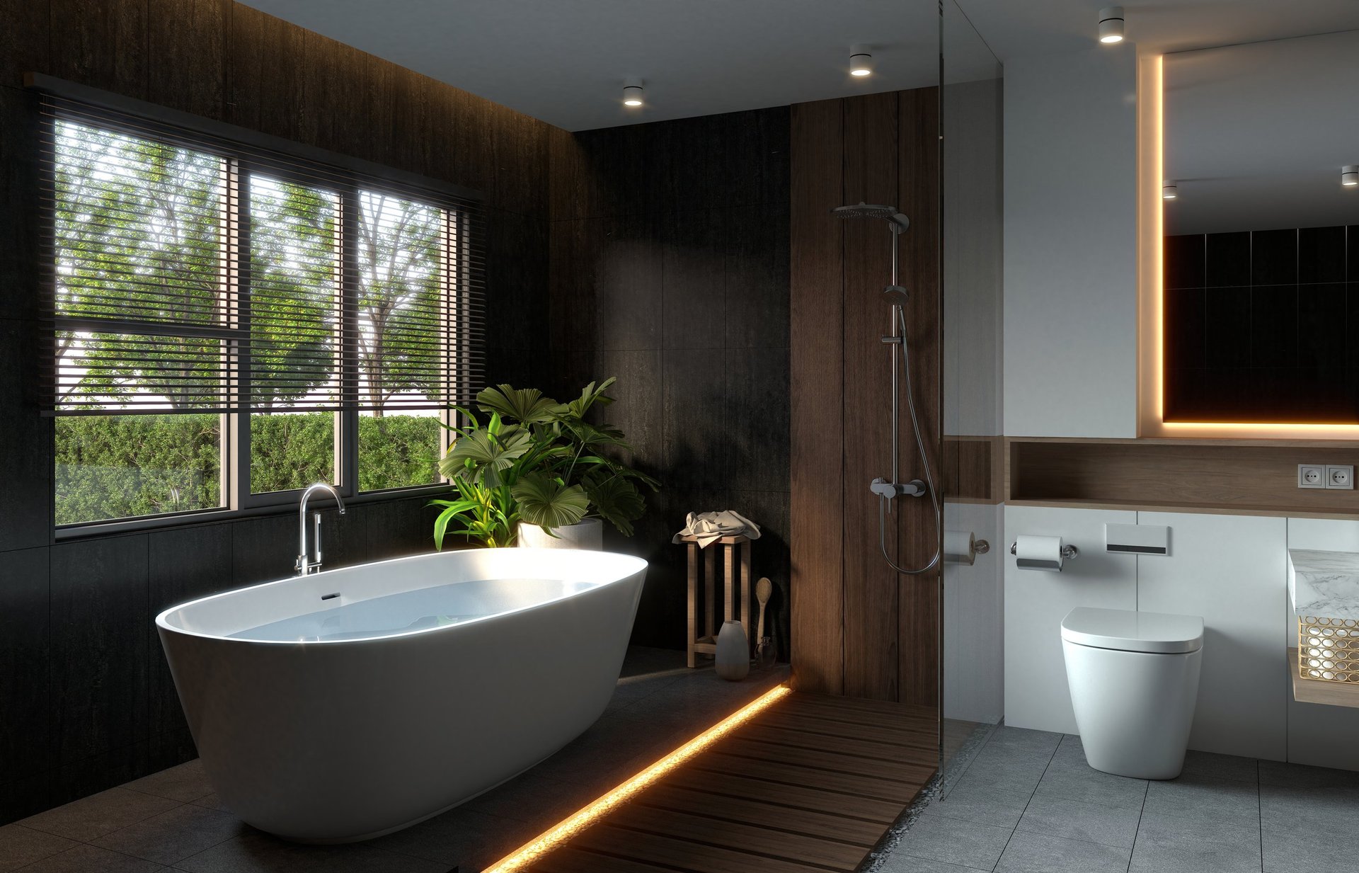 A modern bathroom with a freestanding tub, natural light, wooden accents, and stylish fixtures, creating a serene and elegant atmosphere