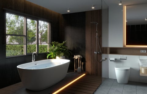 Modern bathroom with freestanding tub and wooden accents