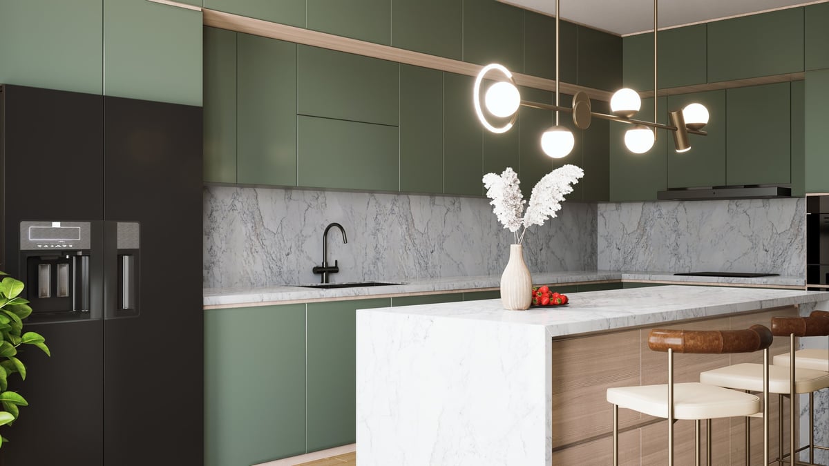 Contemporary kitchen with green cabinetry and pendant lights
