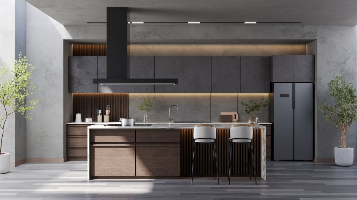 Modern loft kitchen room interior with marble dining island table and contemporary chair with black lamp and wood floor