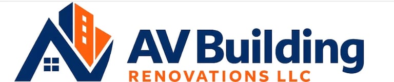 AV Building Renovations LLC logo featuring a house and building icon in navy blue and orange